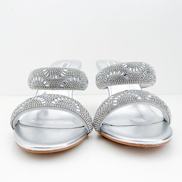Steve Madden Baton Rhinestone Silver Mules Sandals Heels - Picture 3 of 14